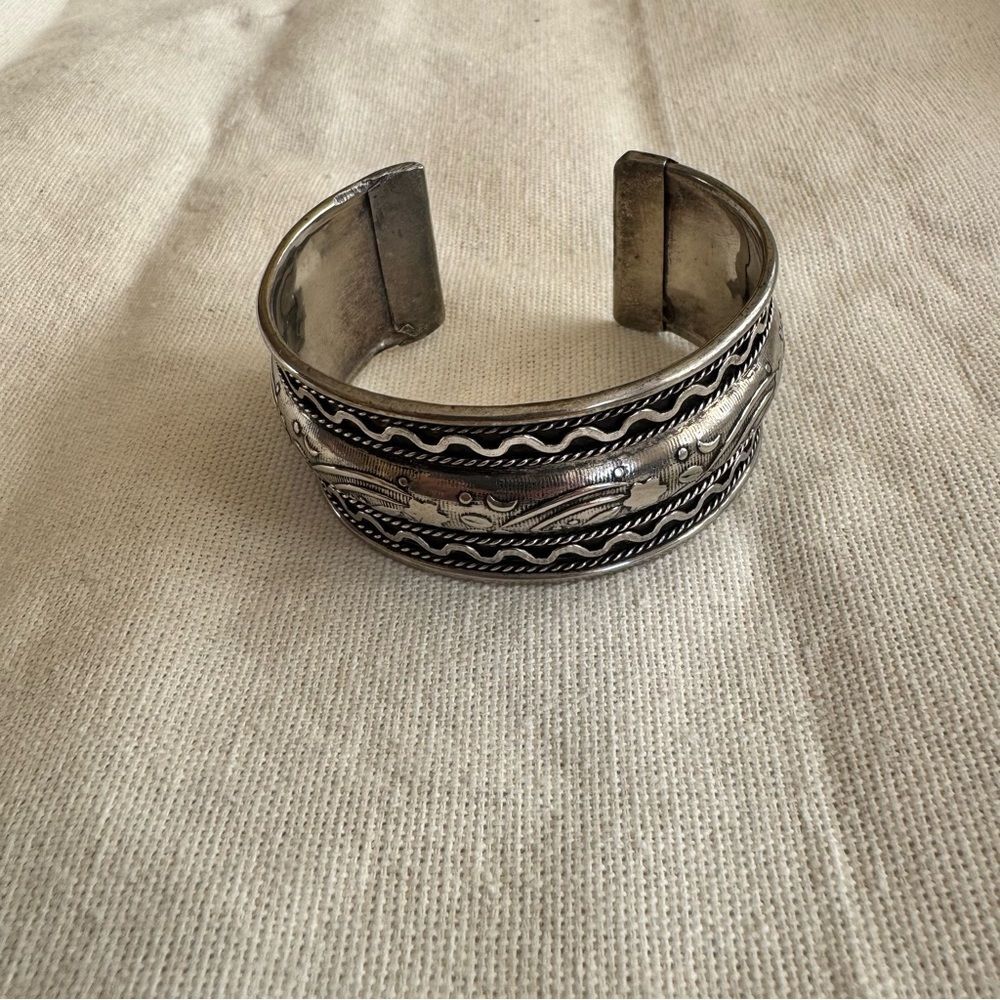 Boho Engraved Silver Tone Cuff Bracelet